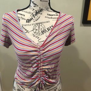 Striped crop top with a cinched adjustable string